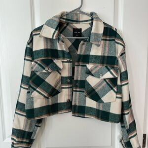 Green and Cream Plaid Cropped Jacket